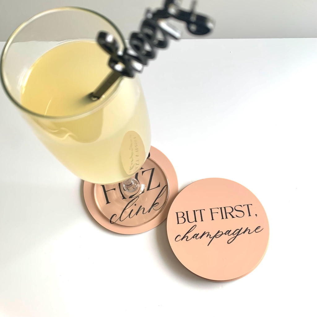 Champagne Acrylic Coaster Set – Nude + Black Hand Painted Drink Coasters | Classy Cocktail Bar Cart Decor | Set of 4 | Hostess Gift