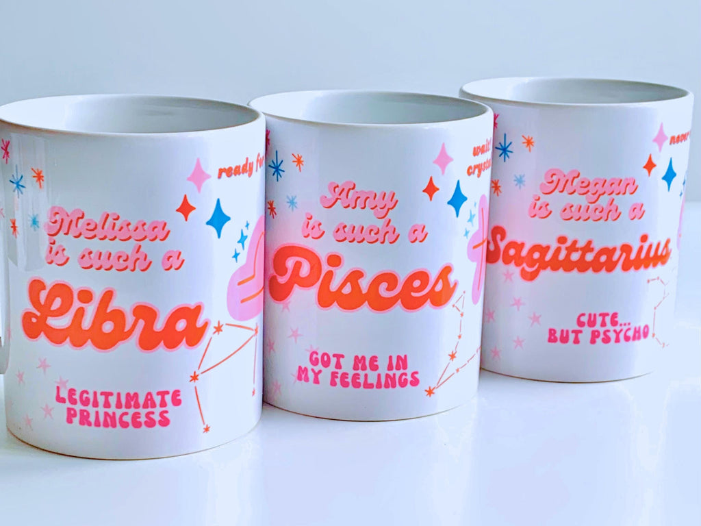 Personalized Zodiac Mug – Custom Horoscope Gift with Name – Funny Astrology Sign Coffee Cup – Double-Sided with Symbol Art