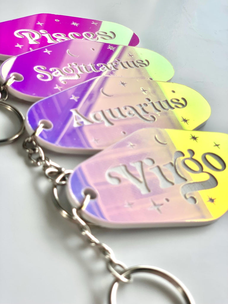 Iridescent Prism Zodiac Motel Keychain – Celestial Acrylic Horoscope Gift – Black Light Reactive – Astrology Key Tag – Pink Teal Blue Shift