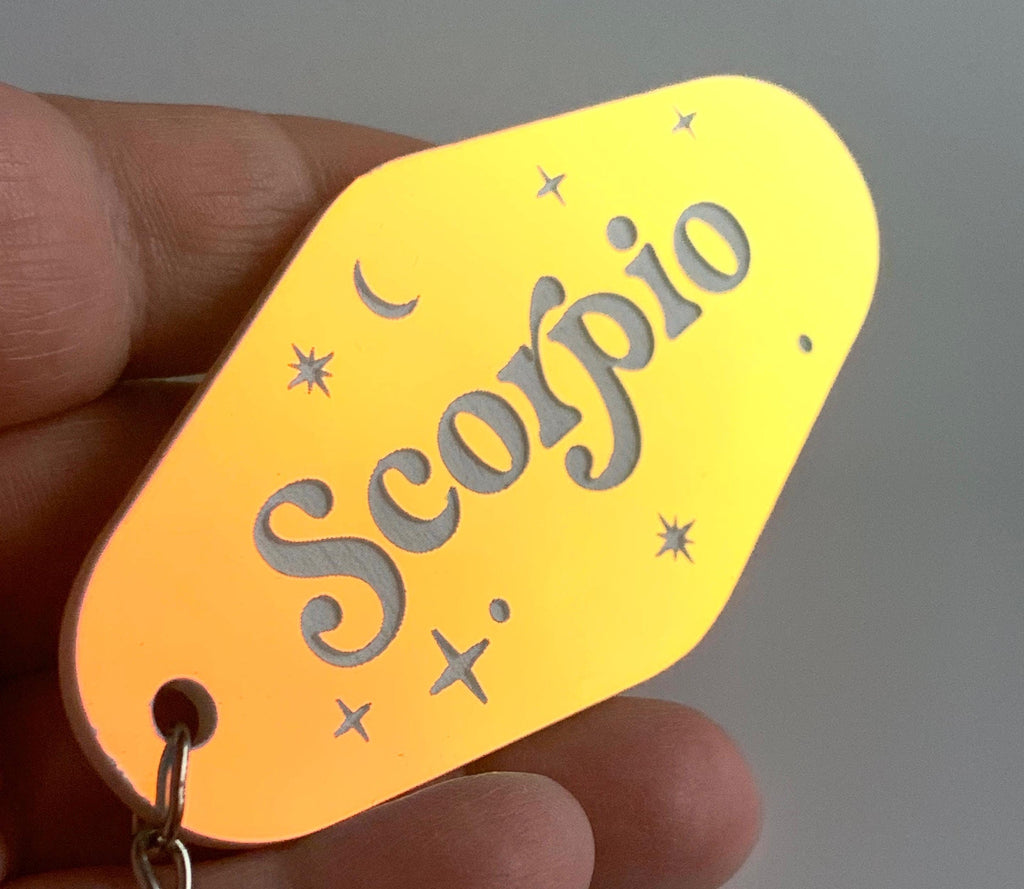 Iridescent Prism Zodiac Motel Keychain – Celestial Acrylic Horoscope Gift – Black Light Reactive – Astrology Key Tag – Pink Teal Blue Shift