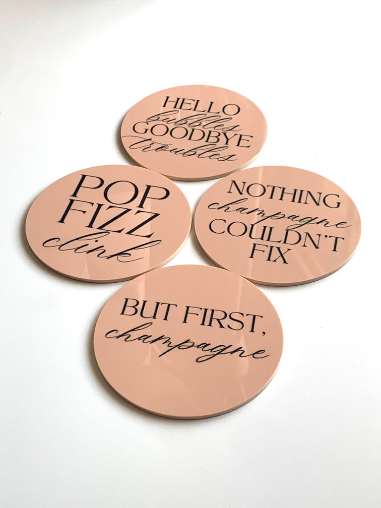 Champagne Acrylic Coaster Set – Nude + Black Hand Painted Drink Coasters | Classy Cocktail Bar Cart Decor | Set of 4 | Hostess Gift
