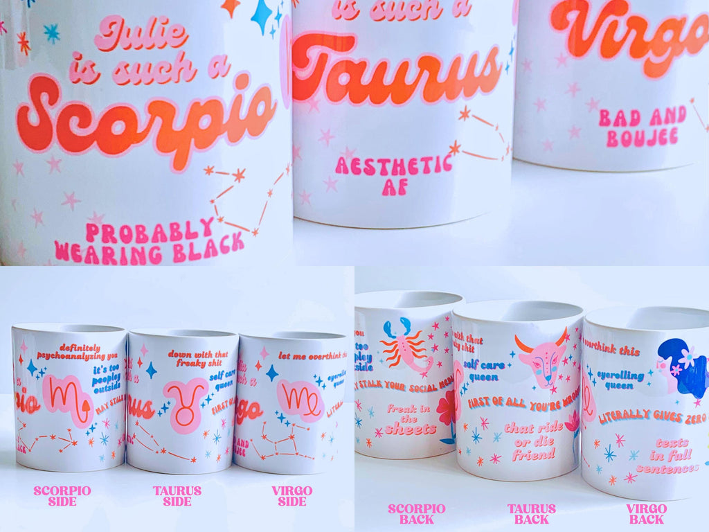 Personalized Zodiac Mug – Custom Horoscope Gift with Name – Funny Astrology Sign Coffee Cup – Double-Sided with Symbol Art