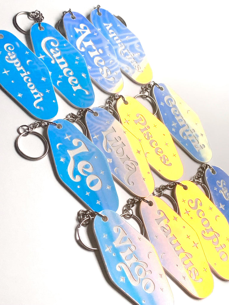 Iridescent Prism Zodiac Motel Keychain – Celestial Acrylic Horoscope Gift – Black Light Reactive – Astrology Key Tag – Pink Teal Blue Shift
