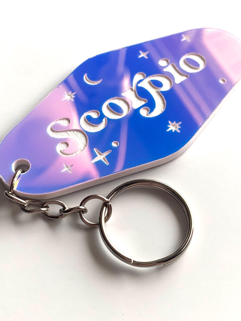 Iridescent Prism Zodiac Motel Keychain – Celestial Acrylic Horoscope Gift – Black Light Reactive – Astrology Key Tag – Pink Teal Blue Shift