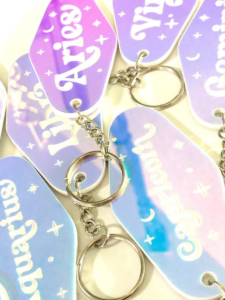 Iridescent Prism Zodiac Motel Keychain – Celestial Acrylic Horoscope Gift – Black Light Reactive – Astrology Key Tag – Pink Teal Blue Shift