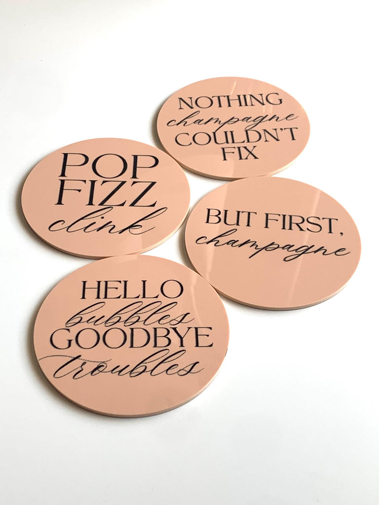 Champagne Acrylic Coaster Set – Nude + Black Hand Painted Drink Coasters | Classy Cocktail Bar Cart Decor | Set of 4 | Hostess Gift