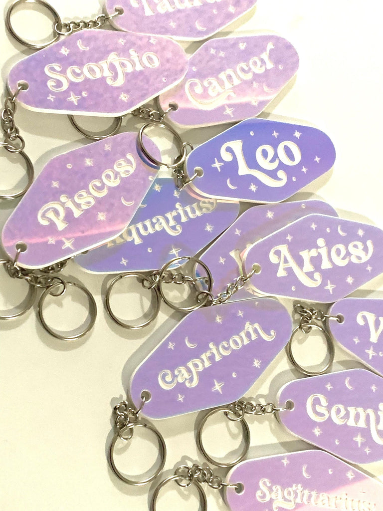 Iridescent Prism Zodiac Motel Keychain – Celestial Acrylic Horoscope Gift – Black Light Reactive – Astrology Key Tag – Pink Teal Blue Shift