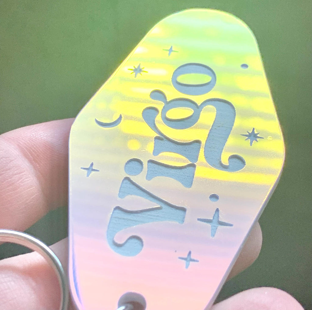 Iridescent Prism Zodiac Motel Keychain – Celestial Acrylic Horoscope Gift – Black Light Reactive – Astrology Key Tag – Pink Teal Blue Shift