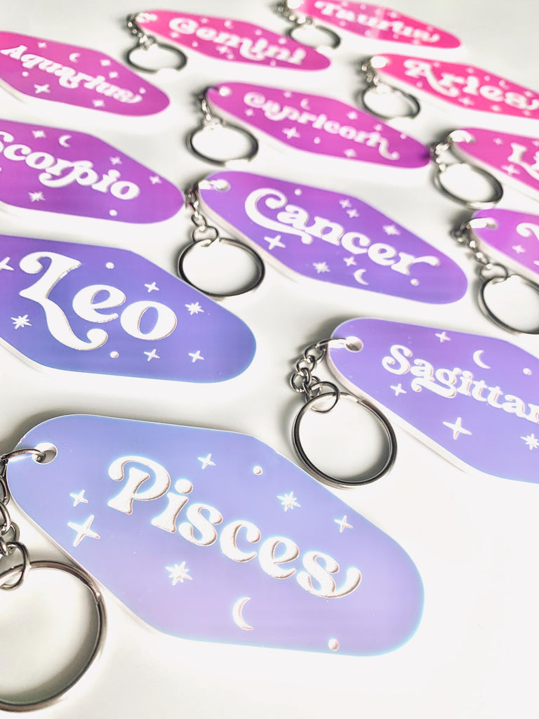 Iridescent Prism Zodiac Motel Keychain – Celestial Acrylic Horoscope Gift – Black Light Reactive – Astrology Key Tag – Pink Teal Blue Shift