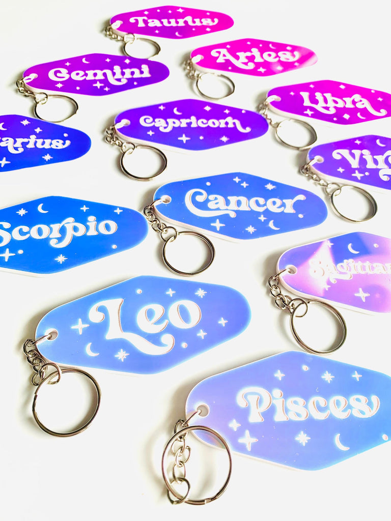 Iridescent Prism Zodiac Motel Keychain – Celestial Acrylic Horoscope Gift – Black Light Reactive – Astrology Key Tag – Pink Teal Blue Shift