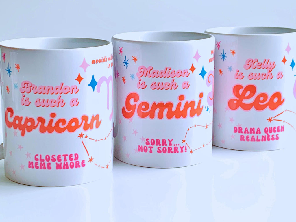 Personalized Zodiac Mug – Custom Horoscope Gift with Name – Funny Astrology Sign Coffee Cup – Double-Sided with Symbol Art