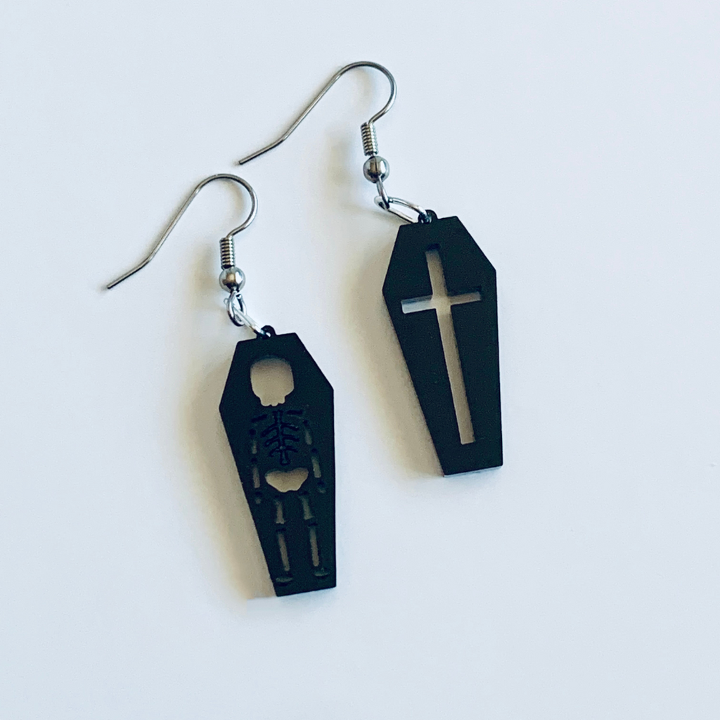 Skeleton and Cross Coffin Mismatched Halloween Earrings