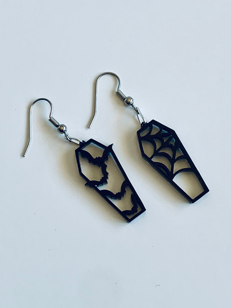Bat and Web Coffin Mismatched Halloween Earrings
